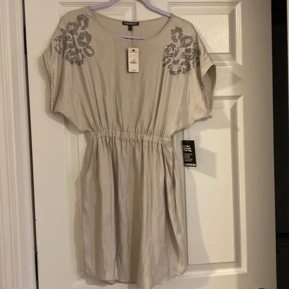Brand New Express dress gray size xs silk fabric with silver accents pockets - Picture 1 of 8